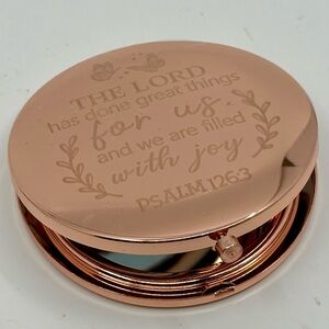 Rose Gold Double Compact Mirror with Psalm 126:3 Engraving, NEW, 3” diameter